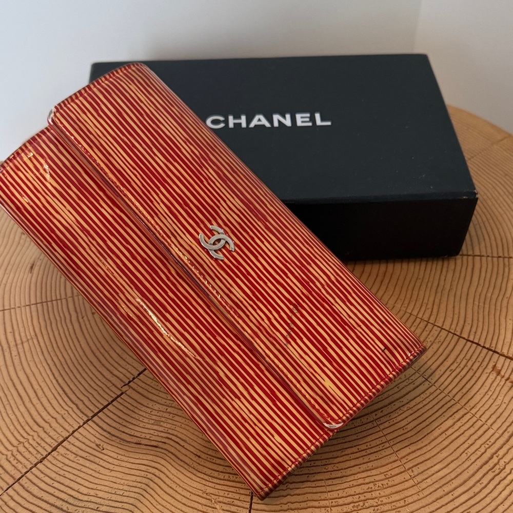 CHANEL Red and Gold Striped Wallet